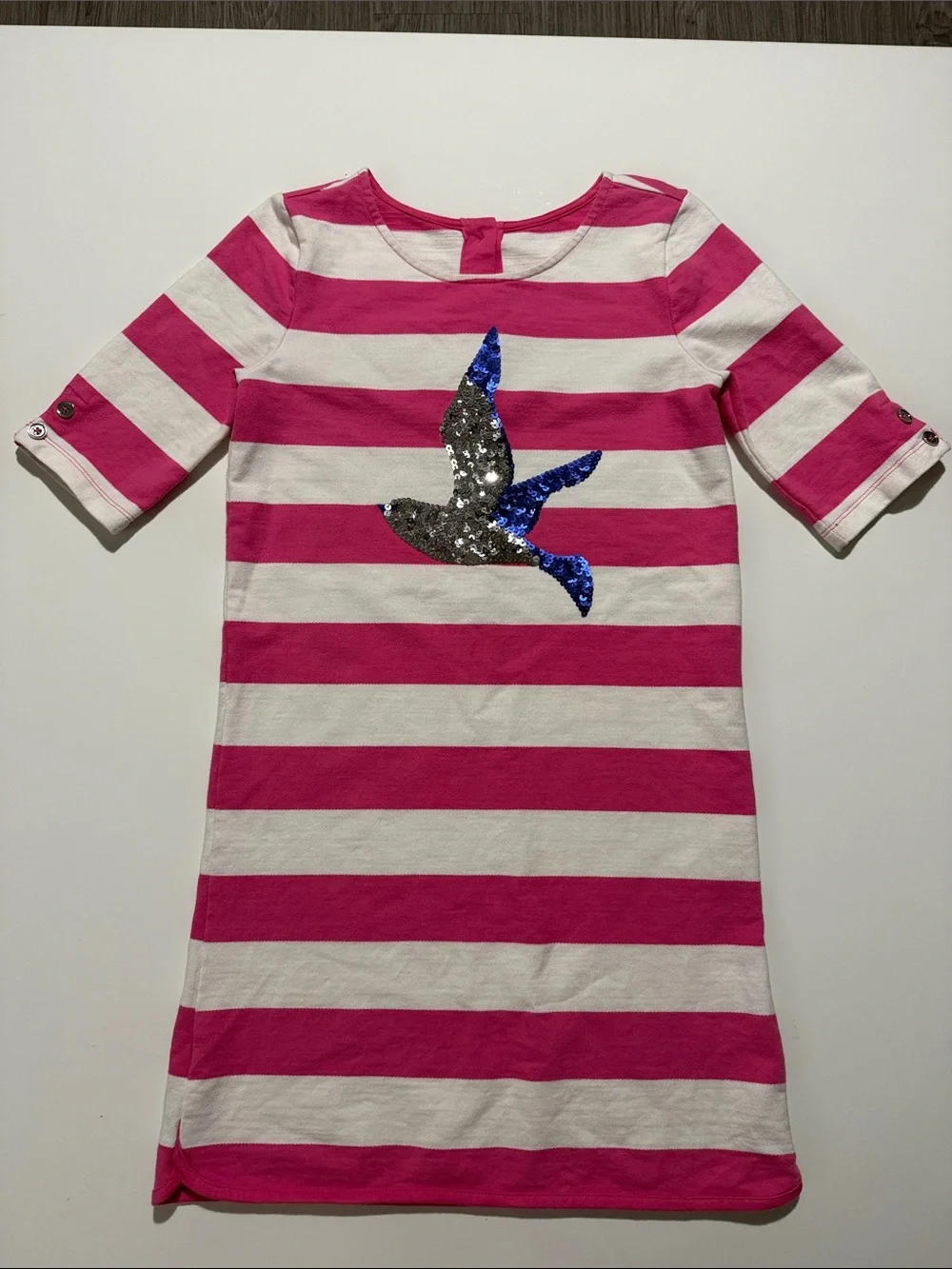 Gymboree Girls Dress Pink White Striped Sequin Bird Soft Knit A Line Sz 12